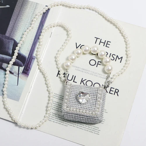 Rhinestone Lipstick Key Fanny Pack with Pearl Chain Handle