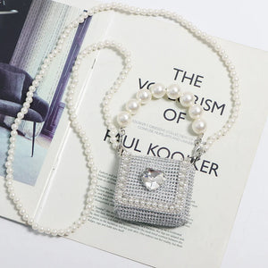 Rhinestone Lipstick Key Fanny Pack with Pearl Chain Handle