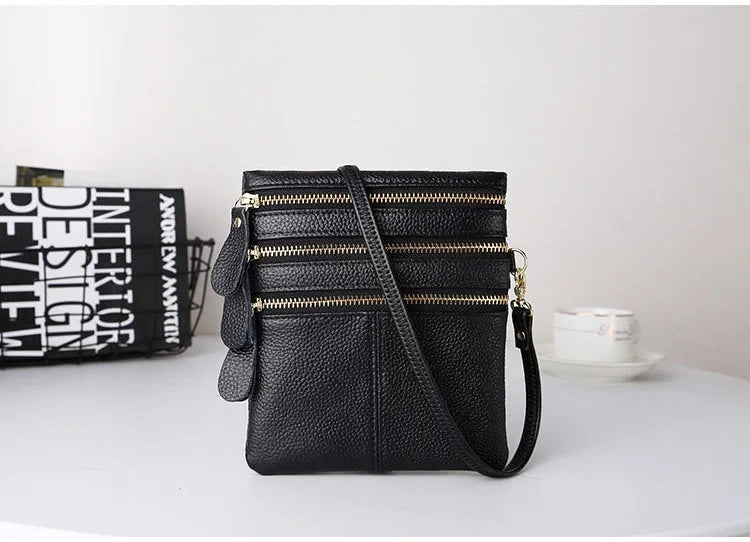 Women Crossbody Bags Leather High Multi-Zipper Soft Real Leather Messenger Bag