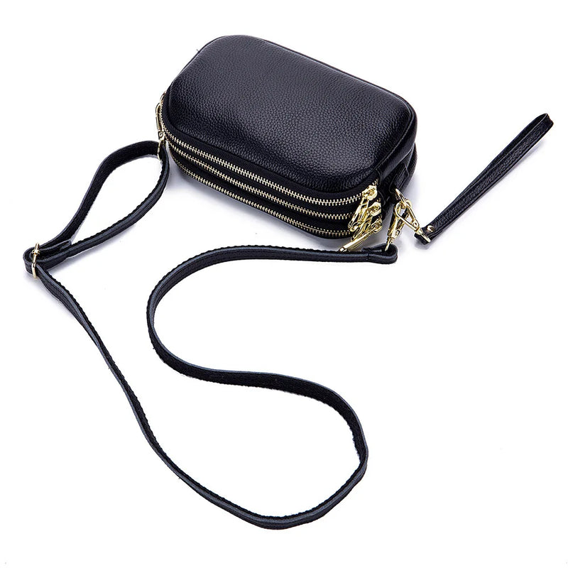 Small Leather Crossbody Bag 3 Layer Zip Wristlet Large Capacity Clutch Purse