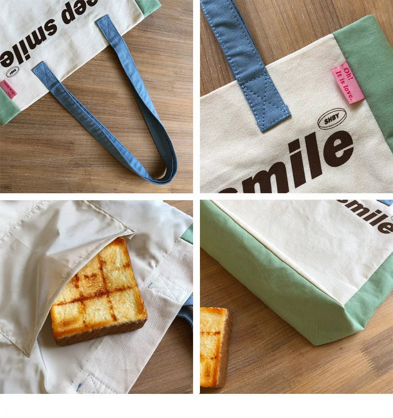 Macaron Patchwork Canvas Eco Shopping Bag for Women