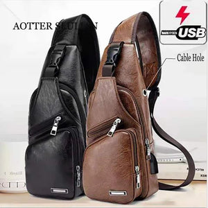 Men's Crossbody Phone USB Charging Bag Leather Shoulder Anti-theft Travel Pack