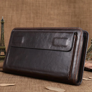 Men's Leather Zipper Clutch Long Wallet with Handle