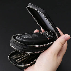 Cowhide Double Zipper Key Case Large Capacity Waist Padlock Key Case