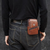 Man Waist Pocket Cow Leather Mobile Phone Package Double Zippers Wallet