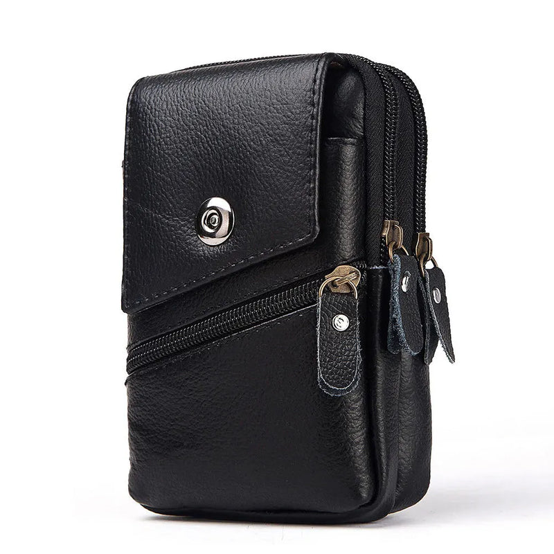 Man Waist Pocket Cow Leather Mobile Phone Package Double Zippers Wallet