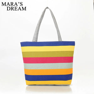 Mara's Dream Canvas Shopper Bag Striped Rainbow Beach Bags Tote Women Ladies Gir