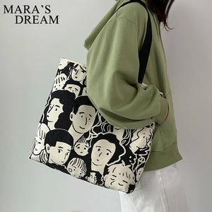 Mara's Dream Cartoon Painting Tote Shopping Bags Large Canvas Shoulder Bags