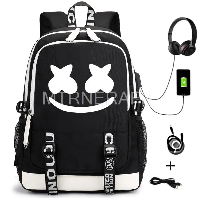 Marshmello Hot Game Backpack USB schoolbag Anime Cartoon Student Bag