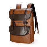 Men Leather Backpack Large Laptop Schoolbag Patchwork Brown