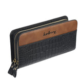 Men Leather Wallet Double Zipper Crocodile Stripe Brown Bag