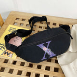 Canvas Waist Bag Crossbody Organizer Purple Flower Print Belt Chest Bag