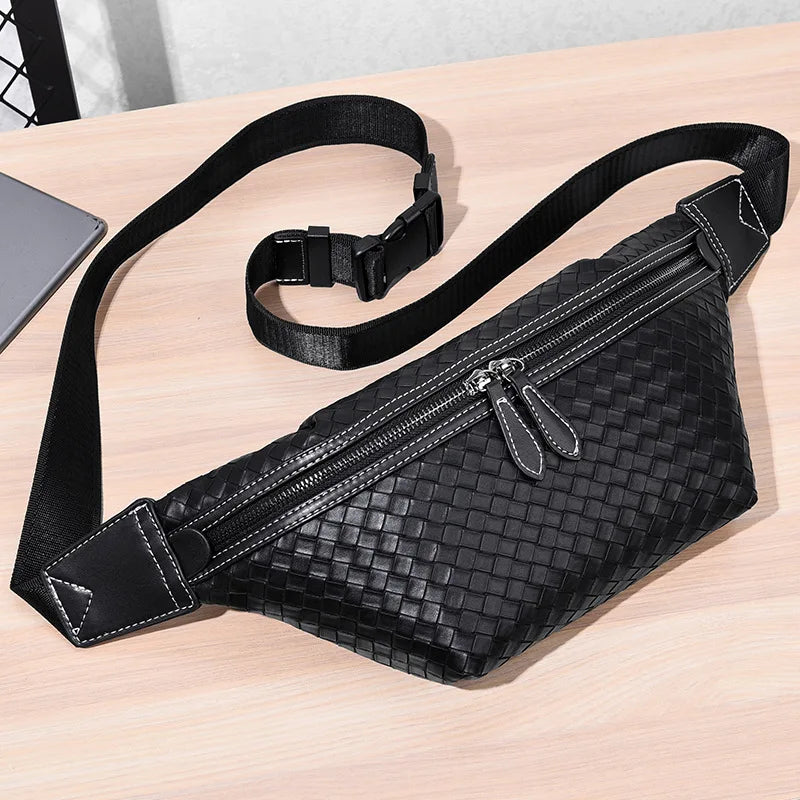Men Chest Bag Woven Fanny Pack Leather Shoulder Bags Automatic buckle Belt Bag