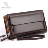 Men Clutch Bag Leather Long Purse Double Zipper Business Wallet Brown