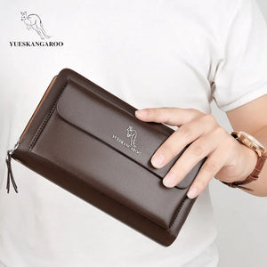 Men Clutch Bag Leather Long Purse Double Zipper Business Wallet Brown