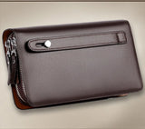 Men Clutch Bag Leather Long Purse Double Zipper Business Wallet Brown