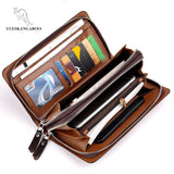 Men Clutch Bag Leather Long Purse Double Zipper Business Wallet Brown