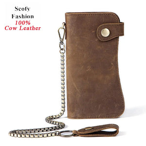Men Leather Long Wallet with Chain High Retro Crazy Horse Leather Long Purse