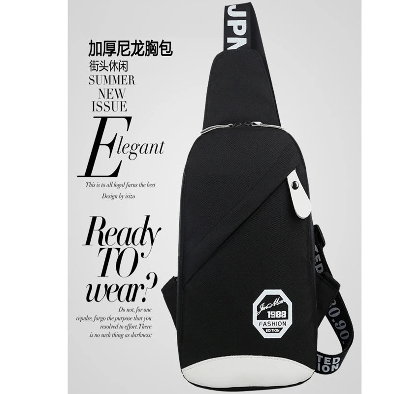 Men Nylon Sport Sling Shoulder Small Bag Chest Pack Backpack USB Charging