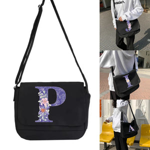 Canvas Messenger Bag Purple Flower Initial Name Print