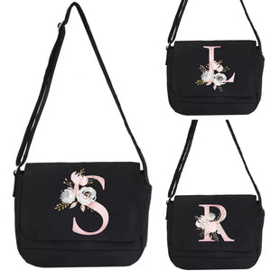Canvas Messenger Travel Bag Pink Flower Initial Name Print