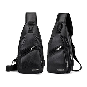 Men Shoulder Chest Bag USB Charging PU Leather For Mobile Phone