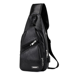 Men Shoulder Chest Bag USB Charging PU Leather For Mobile Phone