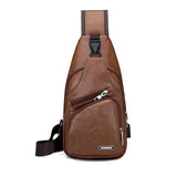 Men Shoulder Chest Bag USB Charging PU Leather For Mobile Phone