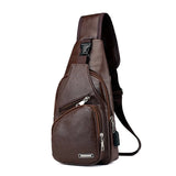 Men Shoulder Chest Bag USB Charging PU Leather For Mobile Phone