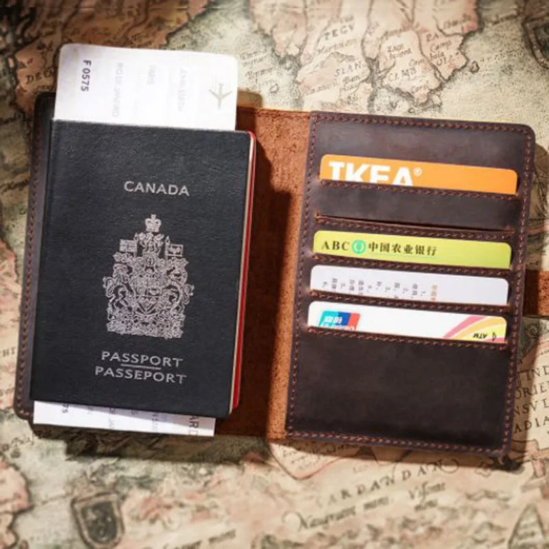 Men Travel Passport Holder Cow Leather Ticket Folder Passport Wallet Vintage