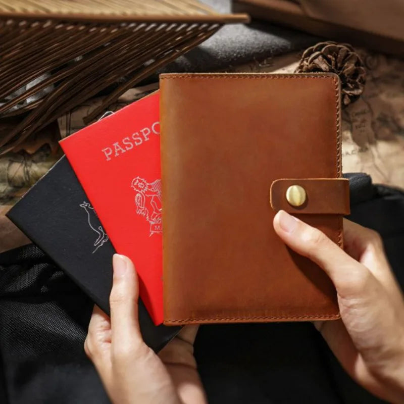 Men Travel Passport Holder Cow Leather Ticket Folder Passport Wallet Vintage