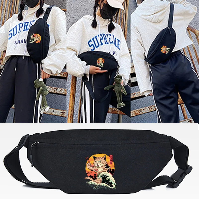 Sashimi and Cat Print Waist Bag for Men and Women