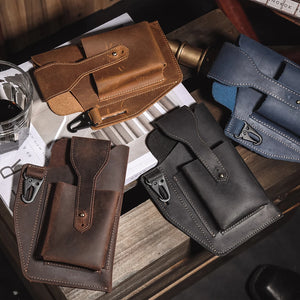 Men Leather Waist Pack Retro Phone Bag Multifunctional Belt Pockets