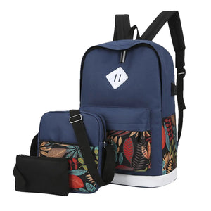 Men Women Canvas Backpack Leaf Print Three Piece Set