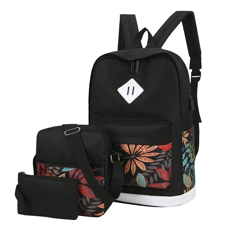 Men Women Canvas Backpack Leaf Print Three Piece Set