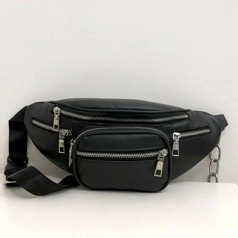 Men Women PU Leather Waist Bum Bag Unisex Solid Cell Phone Holder Belt Fanny Pac