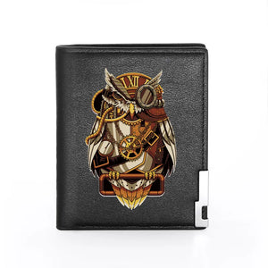 Owl Print Leather Wallet Steampunk Billfold Slim Money Bag
