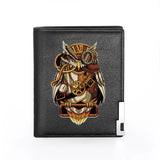 Owl Print Leather Wallet Steampunk Billfold Slim Money Bag