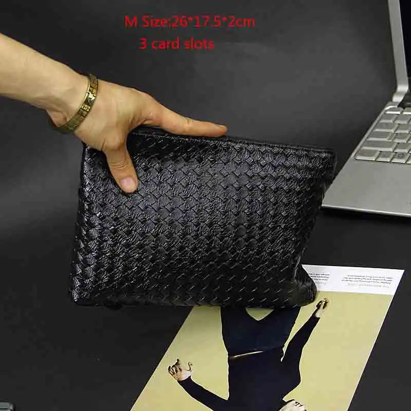 Men Leather Weave Knitting Clutch Bag Shoulder Wallet Handy Bag