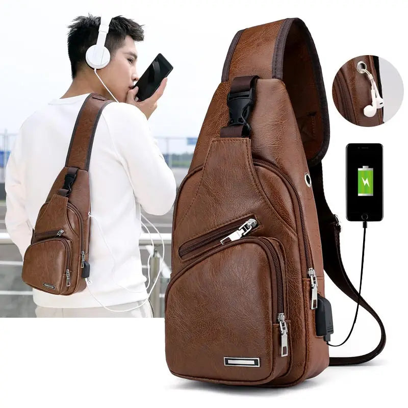 Vintage Men Chest Bag with USB Charging Waterproof Crossbody Bag