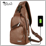 Men's Leather Chest Bag USB Charging Waterproof Crossbody Bag