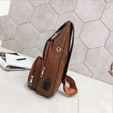 Men's Leather Chest Bag USB Charging Waterproof Crossbody Bag
