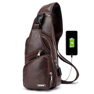 Men's Chest Bag with USB Charge Port Vintage Business Bag Dark Brown