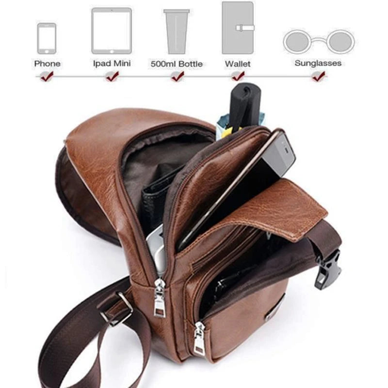 Men's Chest Bag Charge Port USB Crossbody Vintage Business Pouch Dark Brown