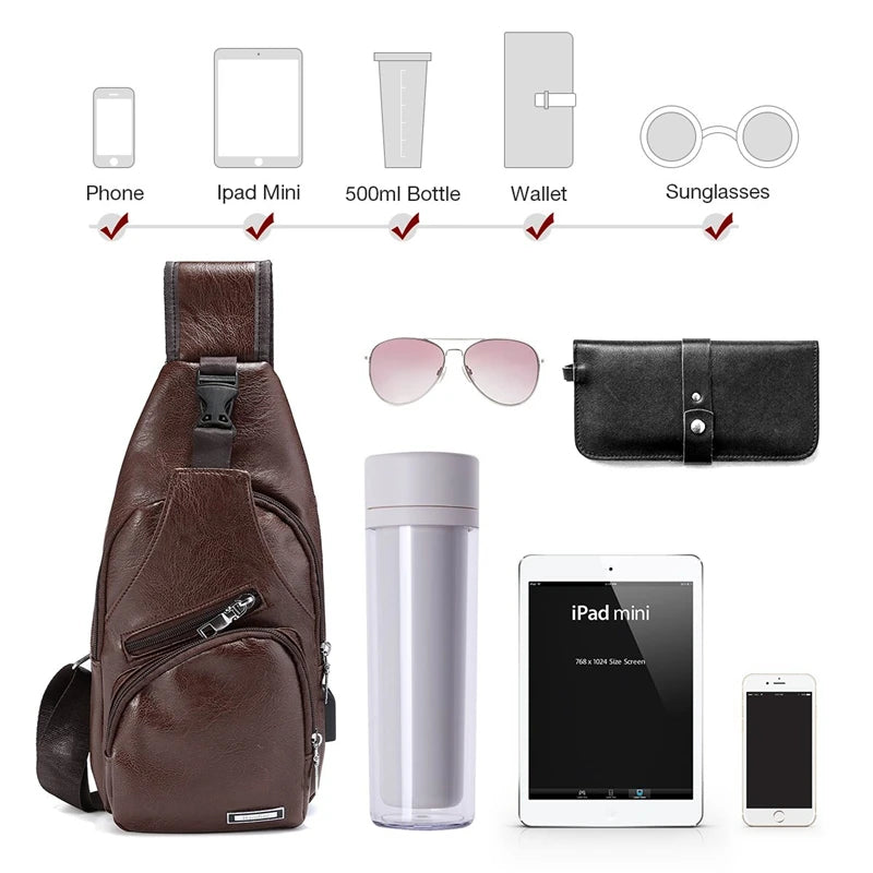 Men's Chest Bag with USB Charge Port Vintage Business Bag Dark Brown