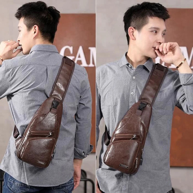 Men's Chest Bag Charge Port USB Crossbody Vintage Business Pouch Dark Brown