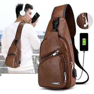 Men's USB Chest Bag Messenger Leather Shoulder Diagonal Travel