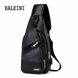 Men's USB Chest Bag Messenger Leather Shoulder Diagonal Travel