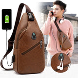 Men's Leather Crossbody Bag USB Chest Messenger Shoulder Diagonal Travel Pack