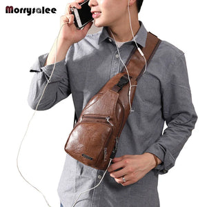 Men's USB Chest Bag Messenger bag Leather Shoulder Bags